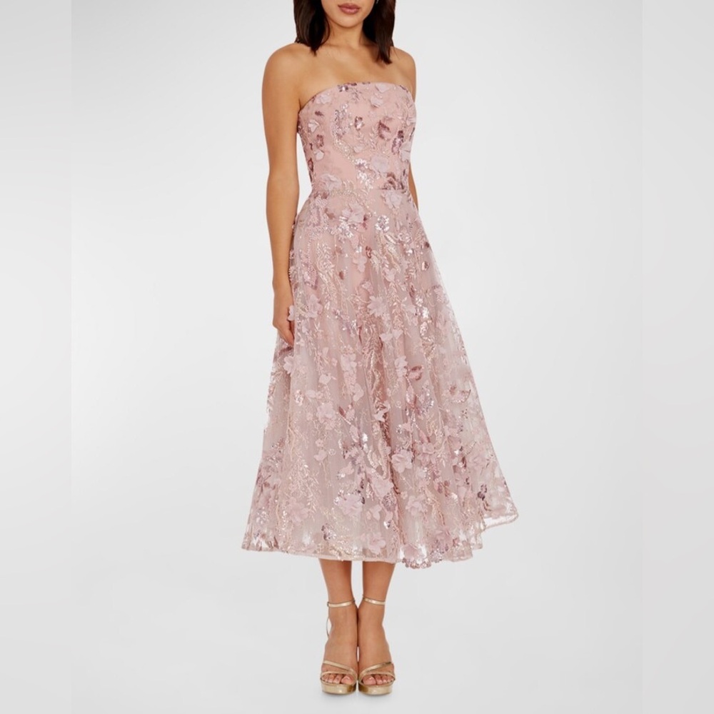 Dress the Population Blush Pink Strapless Floral Sequin Midi Dress